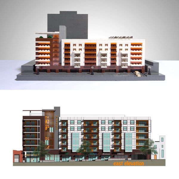 Urbana in profile.  (Top: LEGO Model; Bottom: Architectural Elevation rendering.)