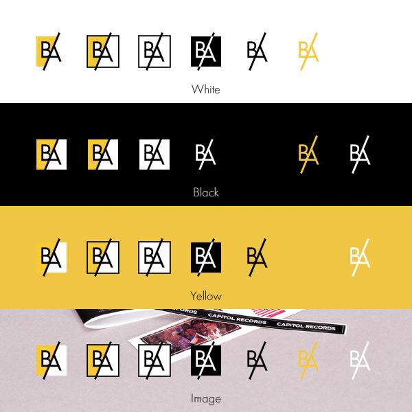 Variations of the new logo tested against a range of different backgrounds.