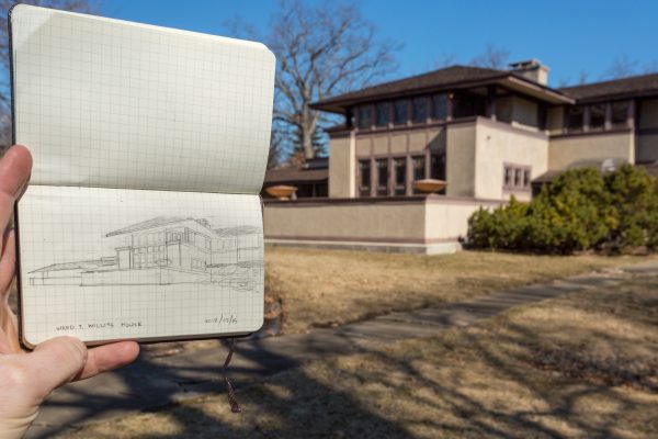 Pencil Sketch of Willits House, 1901, in Highland Park, Illinois, by architect Frank Lloyd Wright.