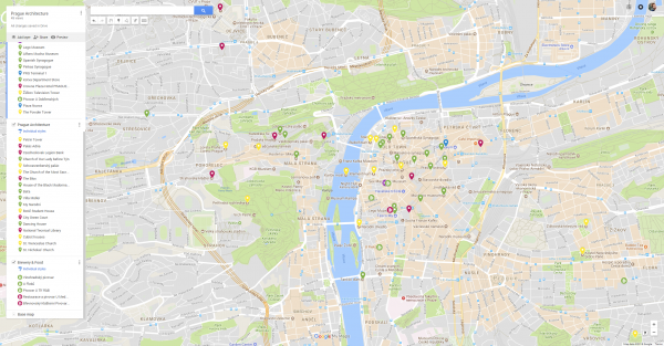 Custom map of Prague, with color-coded tourism sites, architectural landmarks, and more.