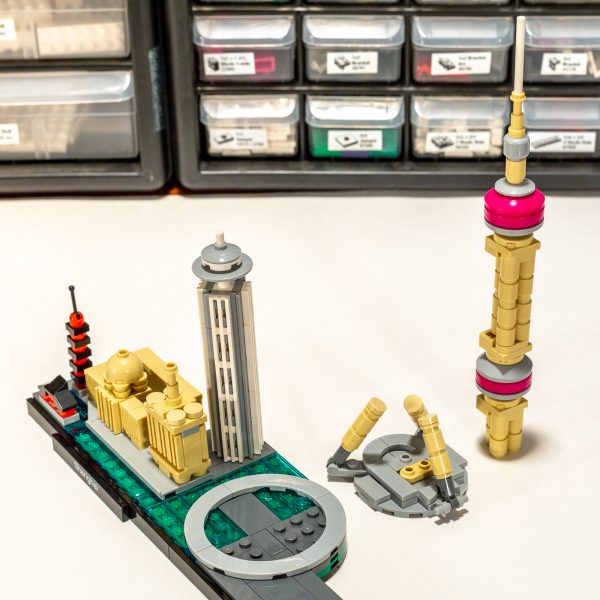 Clever build technique using new parts are used to build the Oriental Pearl TV Tower.