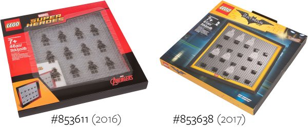 #853611 Marvel Super Heroes (2016), and #853638 Batman (2017) Minifigure Collector Frames.