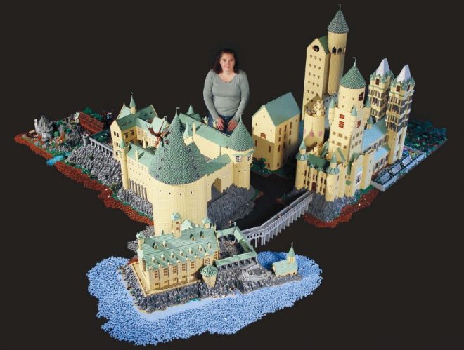 Alice Finch, with her 400,000 piece Hogwarts MOC.