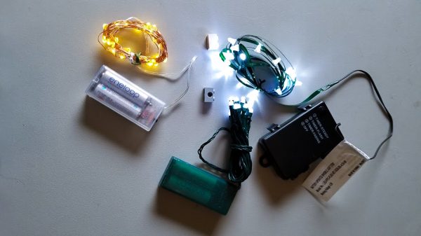 Three different generic battery-powered LED Christmas Lights.