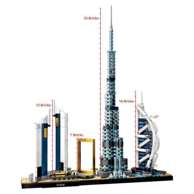 Rough measurements of the height of each landmark in #21052 Dubai Skyline.