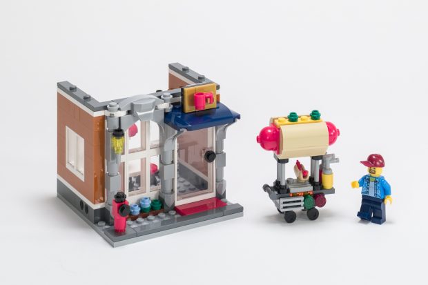 Progress by the end of Bag 1. The beautifully detailed Hot Dog Cart steals the show.