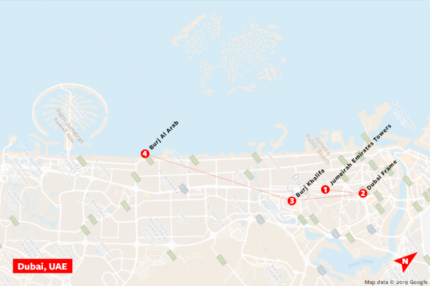 Map of Dubai showing location of the four landmarks.