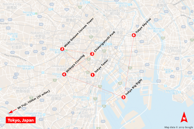 Map of Tokyo showing location of the various landmarks.