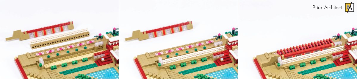 A large assembly including a long open-air pergola is slotted into the left-hand side of the model.