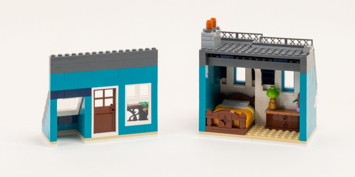 Second story interior, complete with bed and dresser.