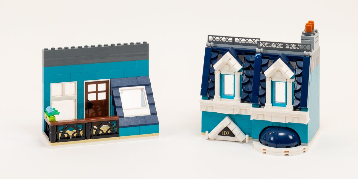 Second Story Exterior, with gabled windows and a patio.