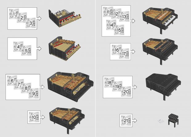 The Grand Piano is built across 21 bags, but just 8 distinct building phases. (Image: The LEGO Group)