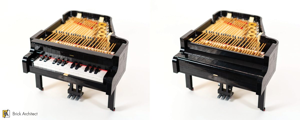 The fallboard opens and closes to protect the piano keys.