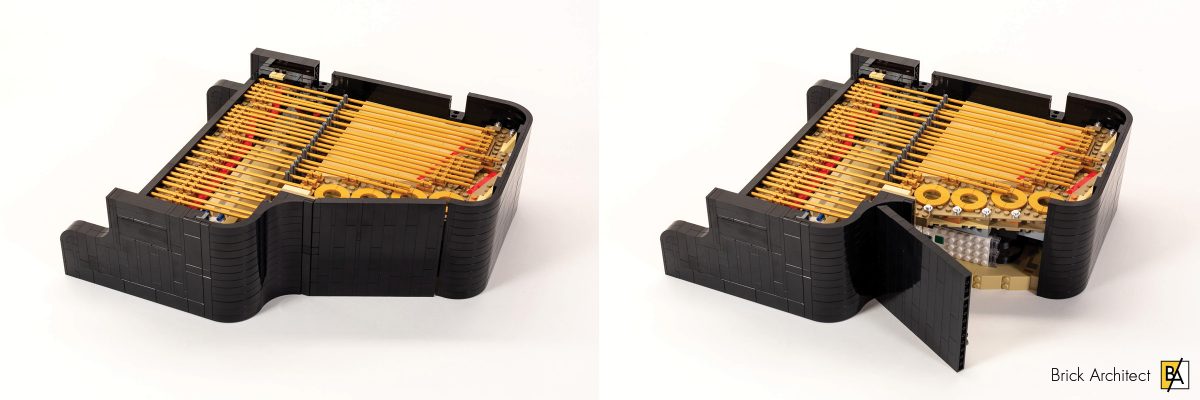 In stage 9, we add the rear-right of the piano, including a flap to turn on the Powered Up hub.