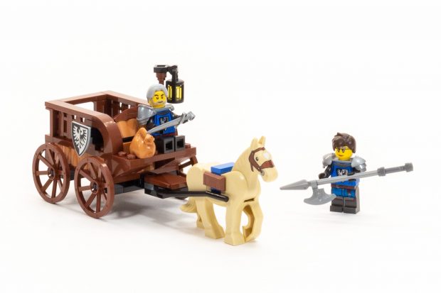 A simple cart, horse, and two knights.