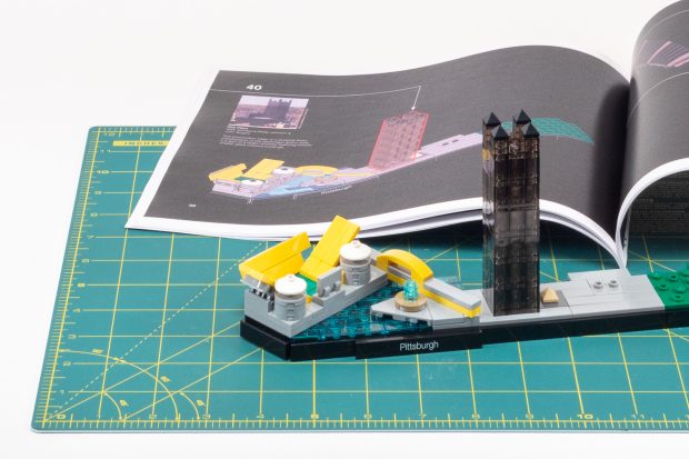 The dark glass exterior of PPG Place is re-created using Transparent Black.