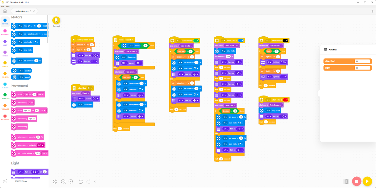 My Programmable Train program in the 'LEGO Education SPIKE' app.