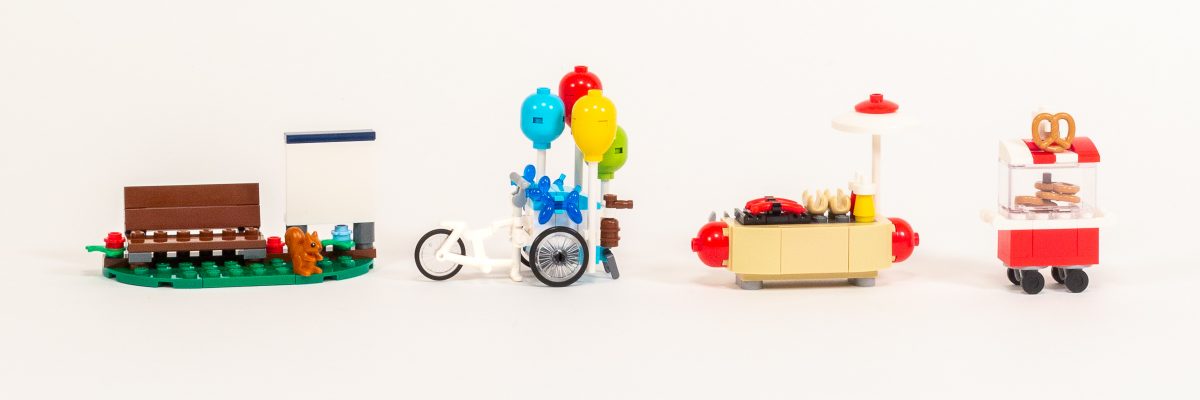Bench, Balloon Bike, Hot Dog Cart, and Pretzel Cart.