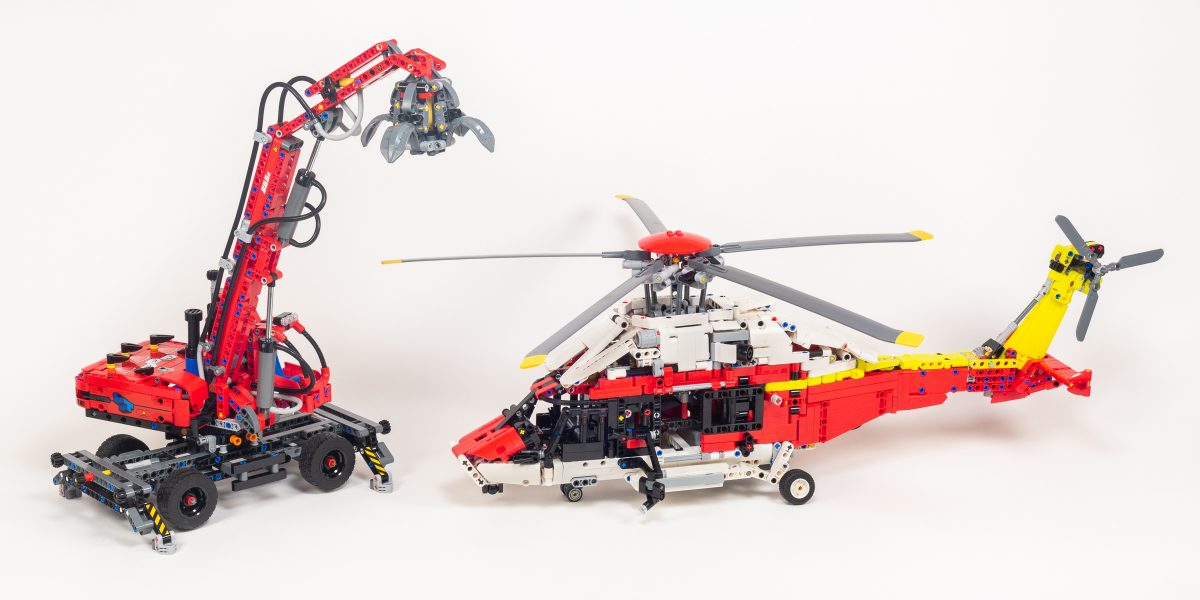 #42144 Material Handler (left) vs. #42145 Airbus H175 Rescue Helicopter (right).