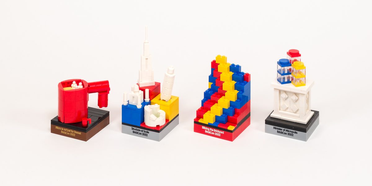 The four trophies I built for award-winning models in the Scale Model theme.