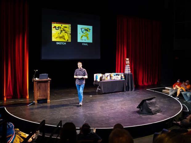 Angus uses LEGO bricks in his job to create rough drafts of vehicles for his movies.