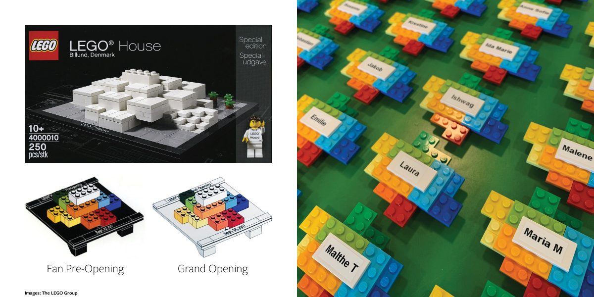 Previous small limited-edition LEGO House sets (left), and LEGO House Employee Badges (right).