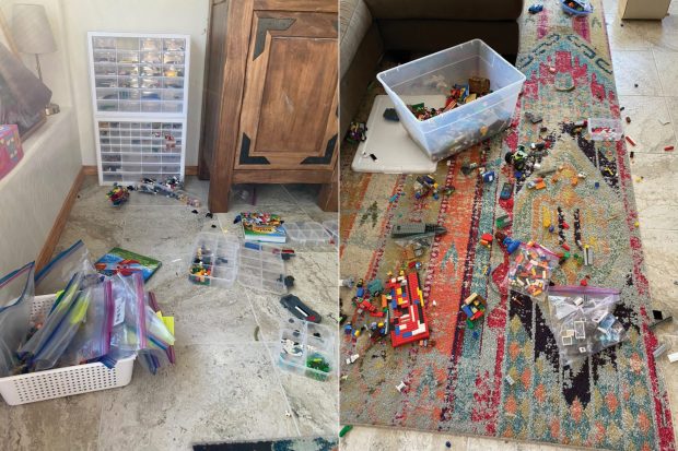 Austin showing the reality of trying to organize LEGO with kids.