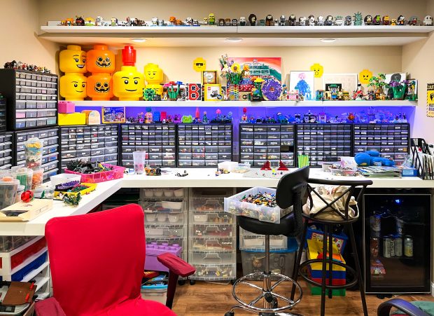 Liz has a great build area with well-organized cabinets of parts.