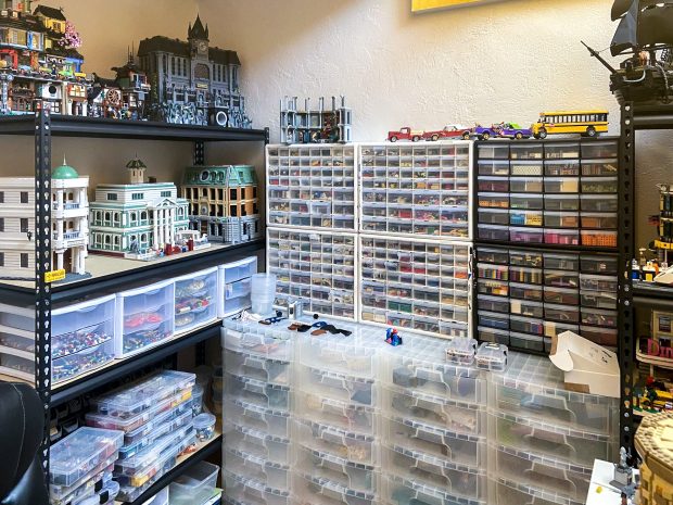 Justin mostly uses drawers to sort his collection by part first, then color.