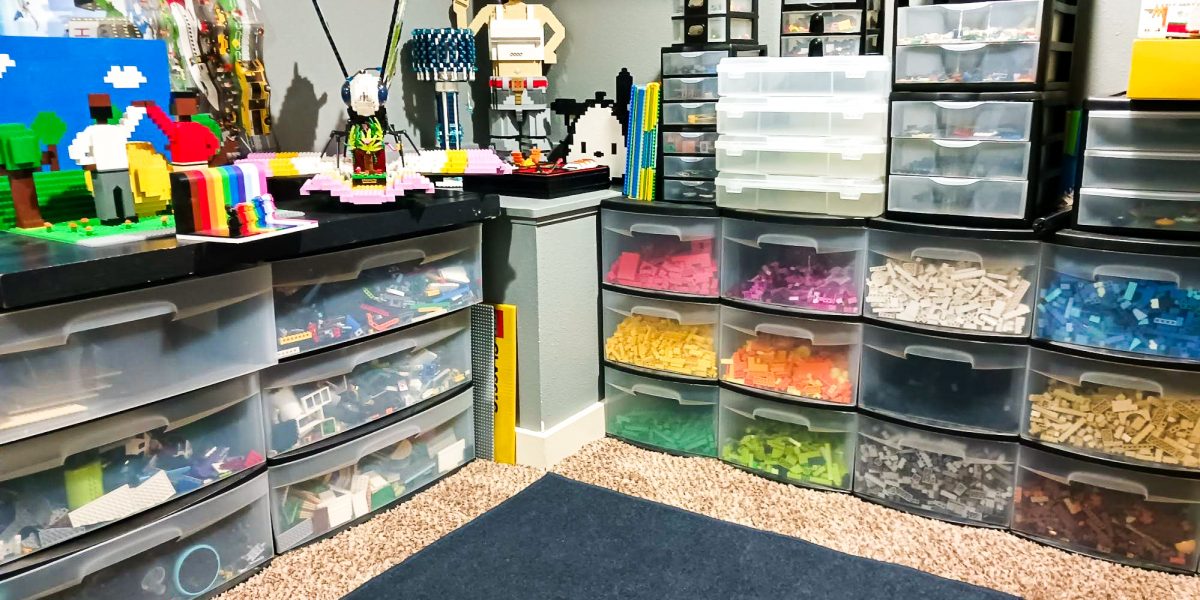 Most of Eddie's LEGO Bricks are sorted into drawers by color.