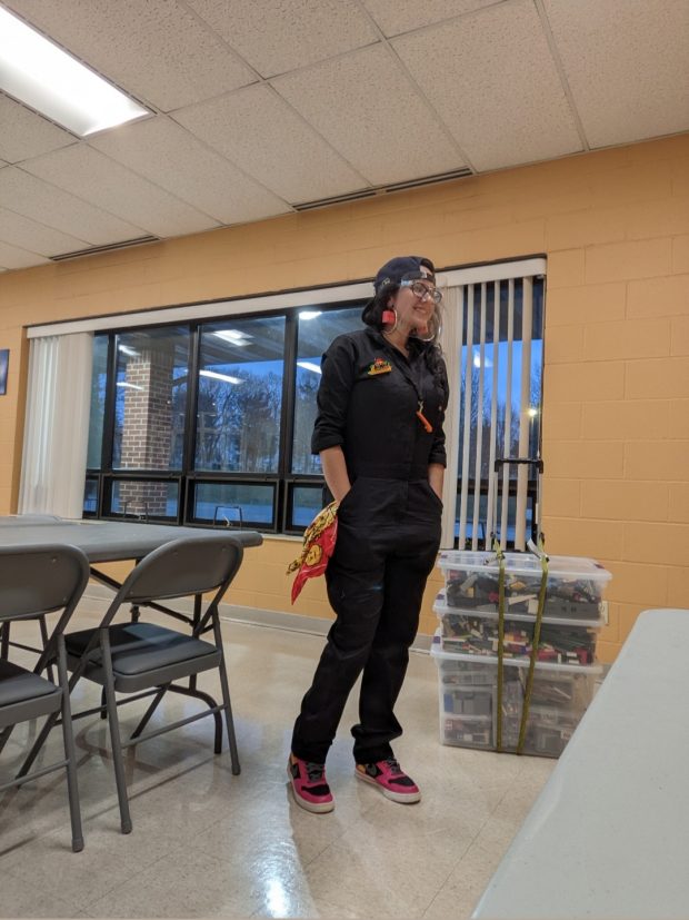 Christine with portable LEGO storage for teaching STEM classes.