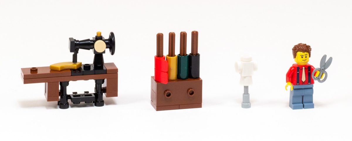 Sewing machine, Cloth rack, Mannequin, and Tailor minifigure.