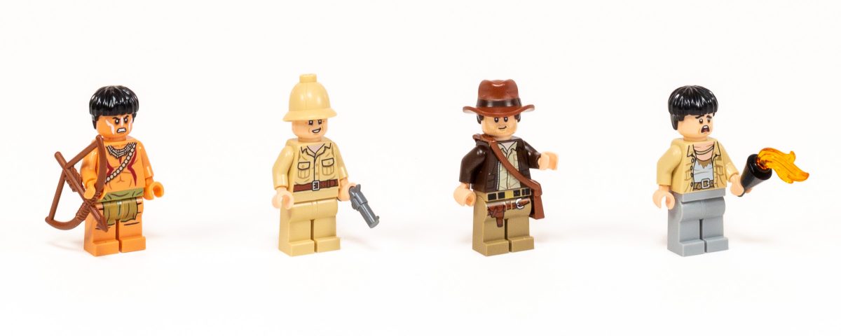 The four minfigures are a Hovitos Warrior, Belloq, Indiana Jones, and Satipo.