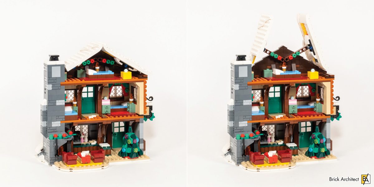 The roof is attached with Technic liftarms, allowing it to be opened easily.