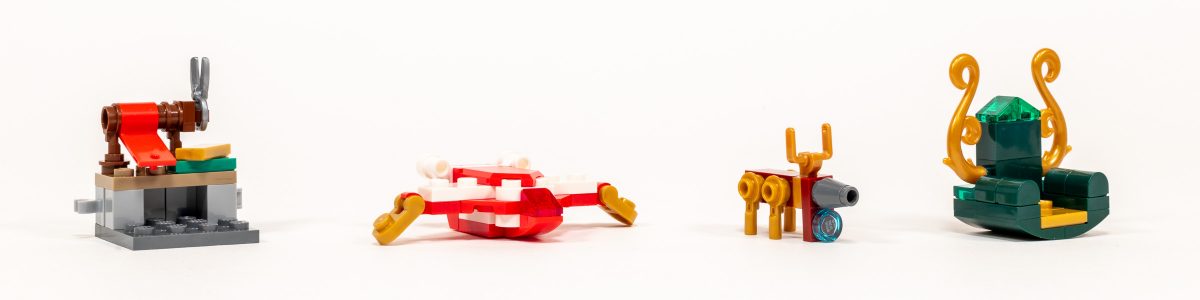 Wrapping Station, Holiday Quinjet, Robot Reindeer, and Loki's Throne.