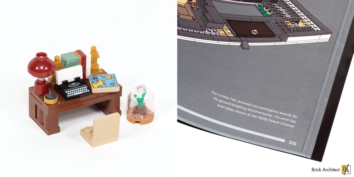 Desk for the curator (left) and supporting text in the instruction booklet (right).