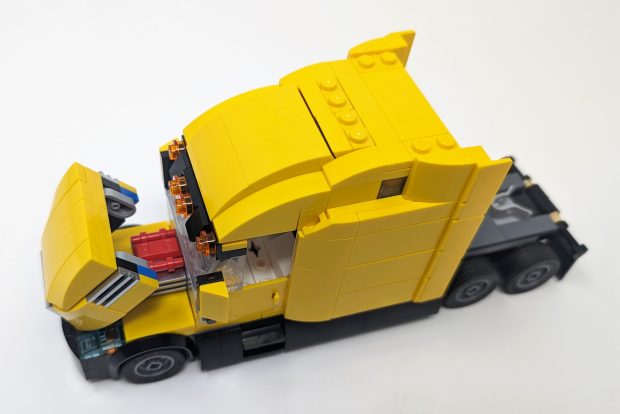 The hood of the truck can be popped open to expose the engine.