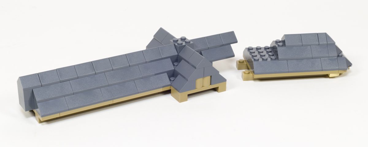 The new section of roof (left) attaches to the section we built much earlier (right).