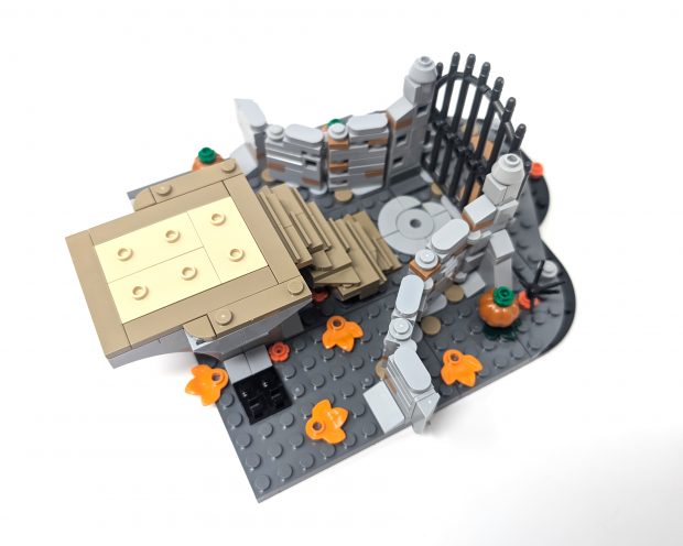 Halloween themed colors litter the scene to add color.