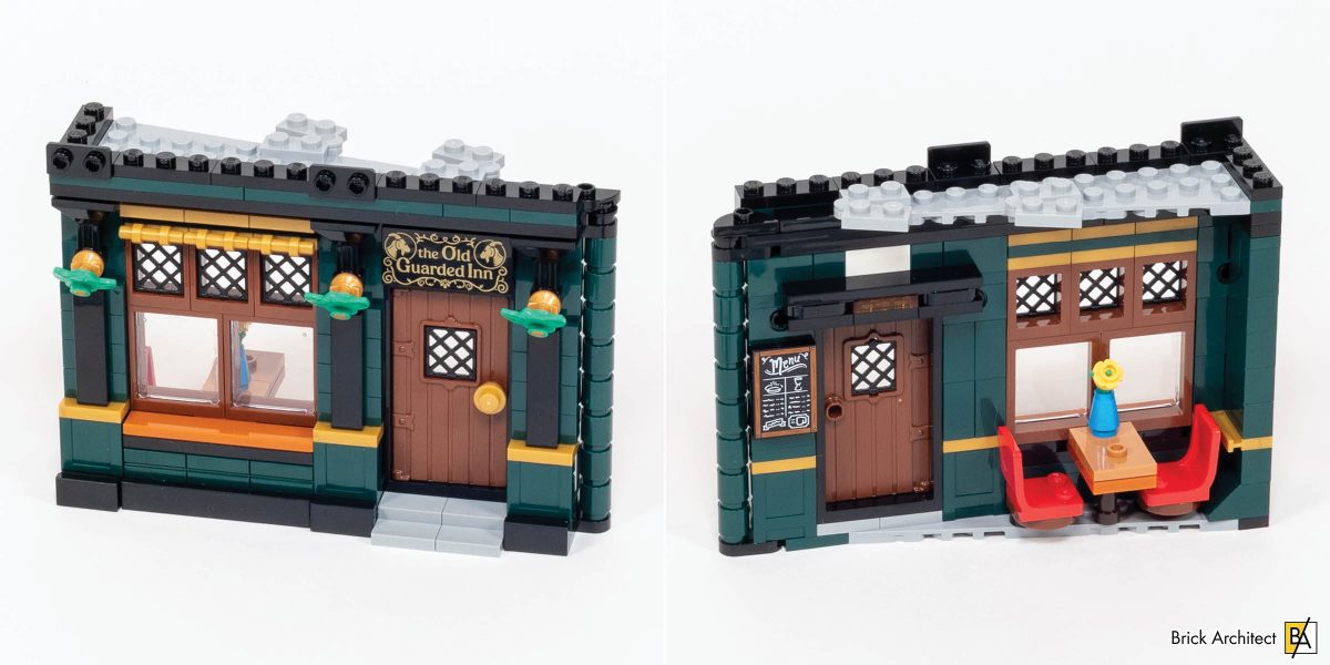 The front of the building is a wedge-shaped module with a dining booth inside.