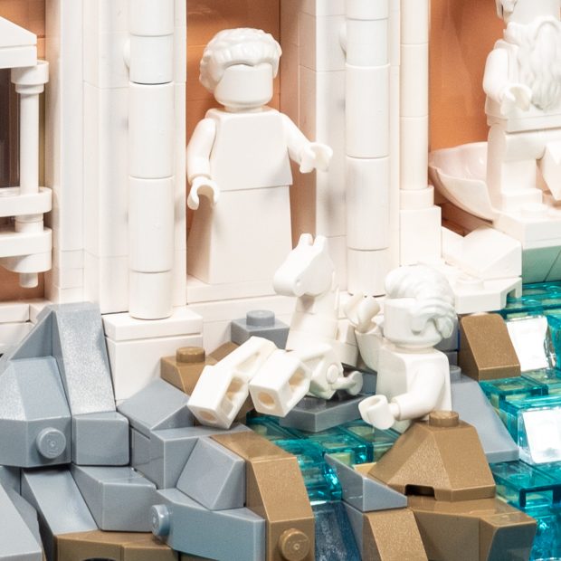 Detail of horse sculpture and minifig torso.