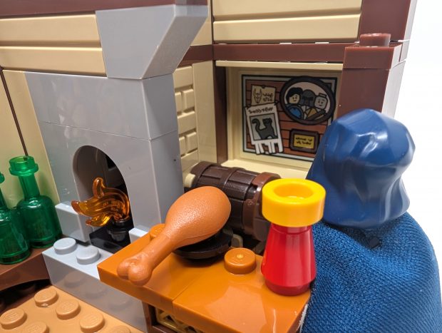 The stickered board behind the bar is packed with Easter eggs for the set.