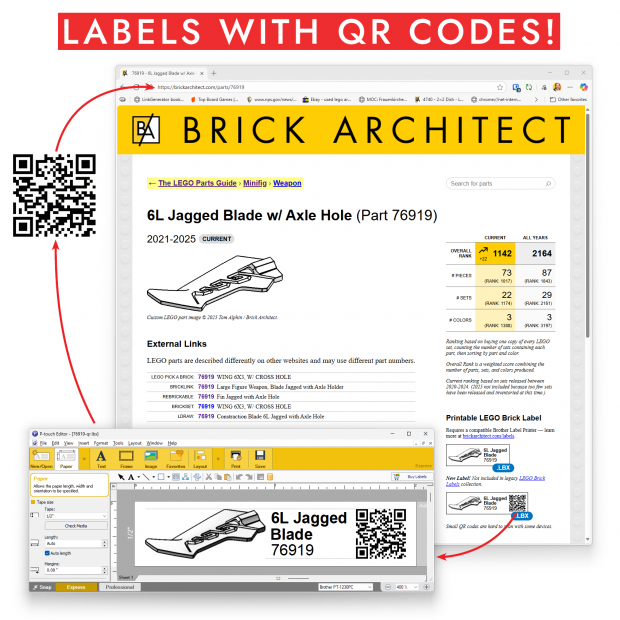 I added the option to print labels with a QR code to The LEGO Parts Guide.