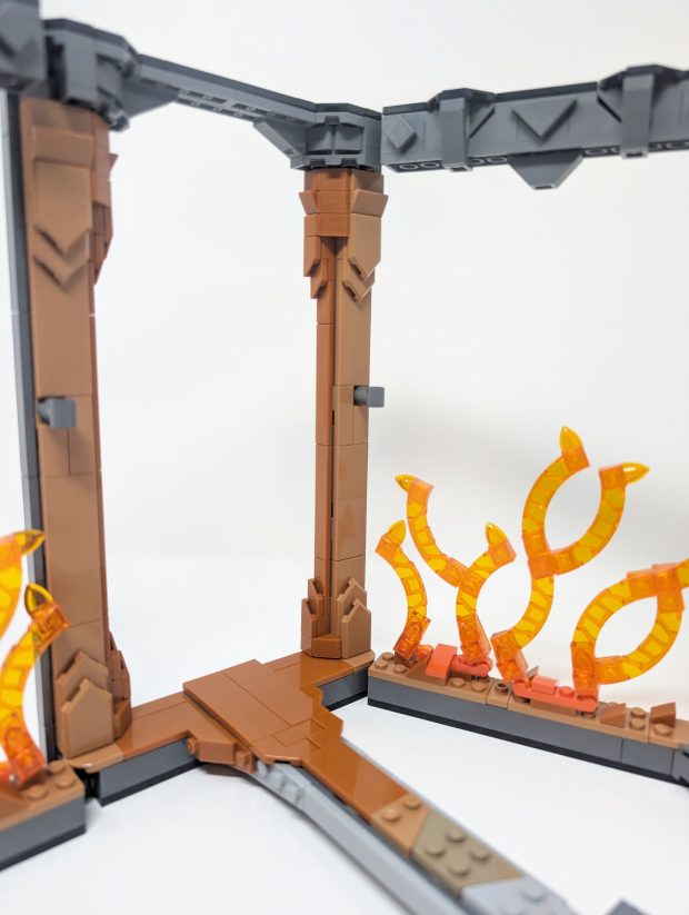 Various hues capture the illusion of fire lighting up the stone.