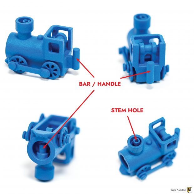 The train has three bar/handle connectors, and one stem hole.